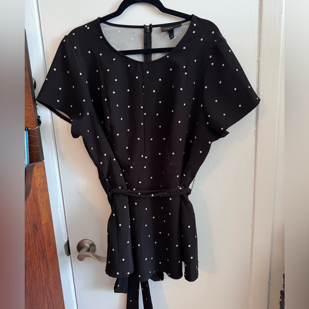 Lane Bryant black blouse with light pink polka dots